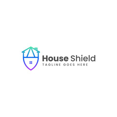 Vector Logo Illustration House Shield Line Art Gradient Style.