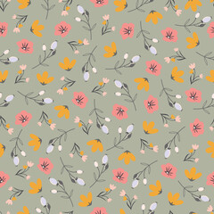 Dainty floral seamless pattern. Exquisite scandi wildflowers, leaves and seeds. Allover foliage continuous surface pattern