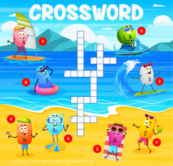 Crossword grid cartoon vitamin characters on summer vacation. Quiz game with funny vector food supplement N lipoic acid, B1 thiamine, D calciferol, U, C ascorbate calcium, B3, B12, B5 capsules by sea