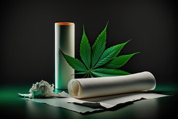 Herb girder, rolling paper, and a bud of marijuana stand out against a black background in this conceptual image of drug paraphernalia and the act of preparing a joint. Generative AI