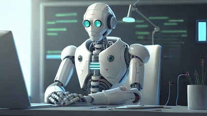 Obraz premium Robot is sitting at the table and working at a laptop with Generative AI Technology. 