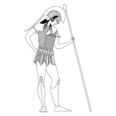 Standing ancient Greek warrior holding a spear. Vase painting style. Black and white linear silhouette.