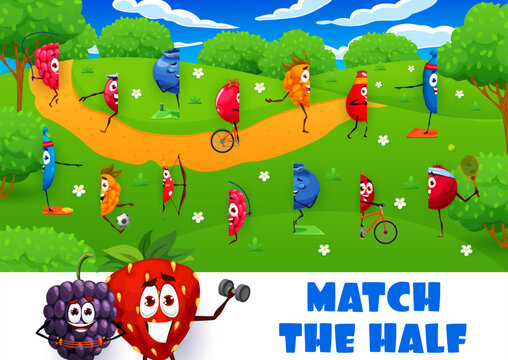 Match half of cartoon cheerful berry characters on summer meadow, vector quiz game. Strawberry, raspberry and blueberry with blackberry, picture match puzzle worksheet to find same correct half