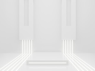 3D White Sci-Fi product display mockup. Scientific background with white neon lights.