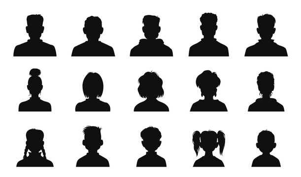 Avatar silhouettes, children, human and senior profiles, vector head portrait icons. Person avatar silhouettes of woman, man, girl and boy for faceless photo of user profile or social net picture