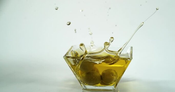 Green Olives, Olea europaea, Falling into a Jar, Slow Motion 4K