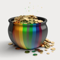 st patricks day pot of gold with coins, four leaf clover, colorful rainbow above pot, copy space, isolated background, generative ai