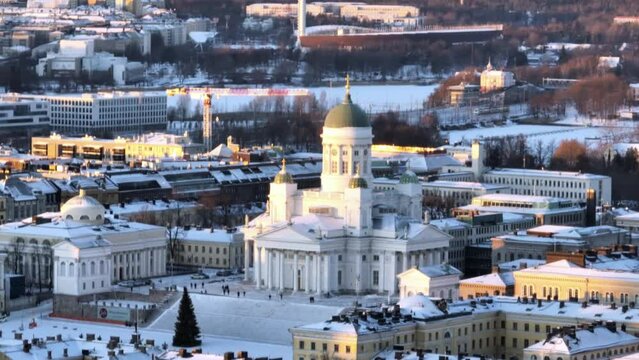 Helsinki cathedral and the Senate square winter sunset in Finland - Aerial view
