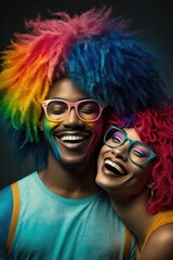 Beautiful Portrait of a Happy and Playful Multiracial Men and Women Wearing a Vibrant Rainbow Wig and Oversized Glasses in Celebration of April Fool's Day like a Clown (generative AI
