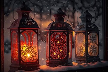 christmas lanterns on window red and yellow lights with snowflakes, created with generative ai