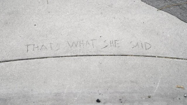 Pavement with "Thats What She Said" Imprinted by finger on urban 
sidewalk - close up
