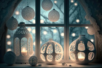white christmas lanterns on window with ornament, created with generative ai