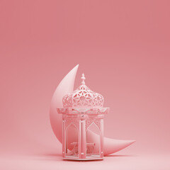 Islamic product display mock up on cream pastel background. Podium, crescent moon, lantern, gift box. Ramadan, eid fitr adha, mawlid concept, 3D rendering illustration.