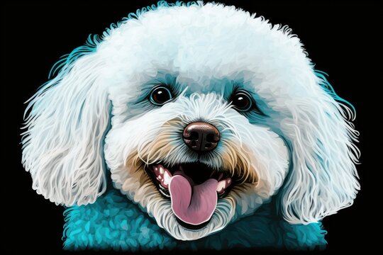Portrait of a charming and beautiful bichon on a blue studio background; the dog is smiling and sticking its tongue out. Generative AI