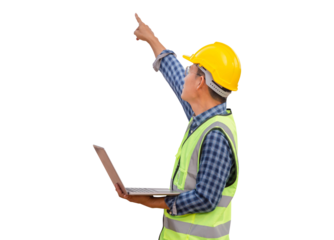 Foreman in hardhat with laptop at the infrastructure construction site, Engineer checking project at the building site