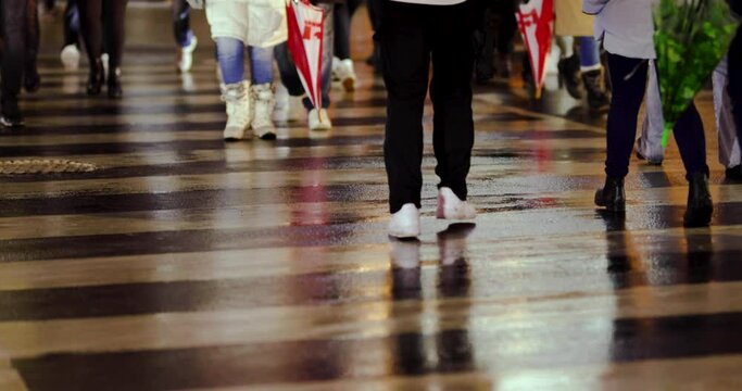 People crossing zebra crossing on a wet rainy day, people waking both sides, night, lights, Umbrellas, Niagara Falls, Canada