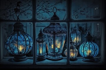 christmas lanterns on window glowing in dark blue tones, created with generative ai
