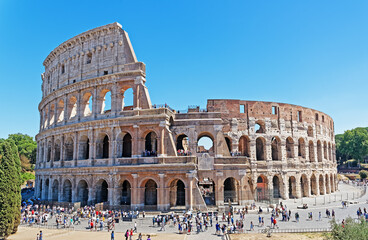 Fototapeta premium Scenic view of ruins of Colosseum also known as the Flavian Amphitheatre, Rome, Italy. It could hold up to 80.000 spectators.