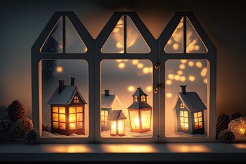 christmas lanterns on window white yellow lights in house, created with generative ai