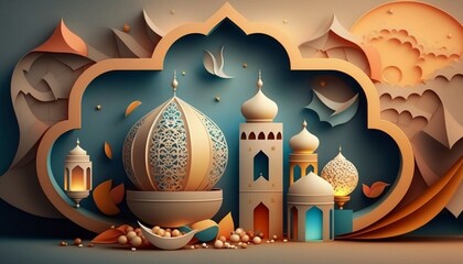 Fototapeta Illustration of a background with the mosque. religious eid mubarak. Arabic traditional lamps and fruits, ramadan mubarak , Ramazan, eid ul fitr, eid ul adha background and wallpaper. AI-Generated. obraz