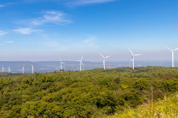 Wind turbines farm on mountanis landscape at Lam Takong Reservoir Views against blue sky with clouds background,Windmills for electric power ecology concept