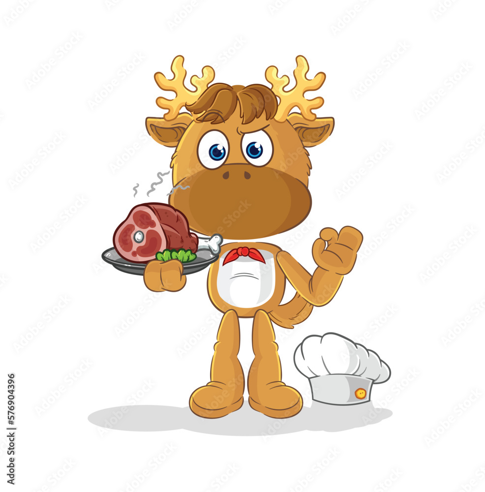 Poster moose chef with meat mascot. cartoon vector