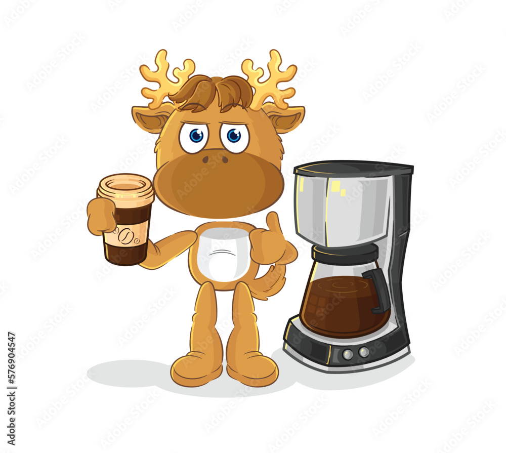 Poster moose drinking coffee illustration. character vector