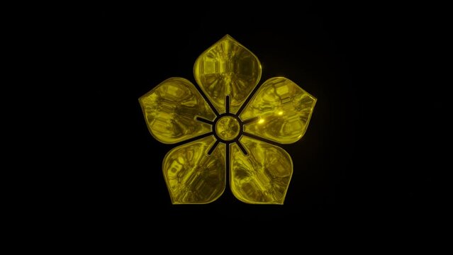 金色に輝く回転する立体の桔梗紋のシームレスなループアニメーション動画
