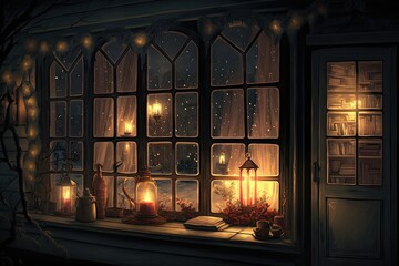 christmas evening in house with light and christmas lanterns on window, created with generative ai