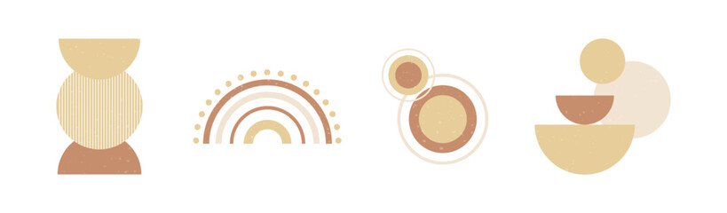 Set of boho style geometric, minimalistic design elements. Abstract shapes with texture. Modern aesthetic figures. Neutral wall decor, cover, print, card, branding designs.