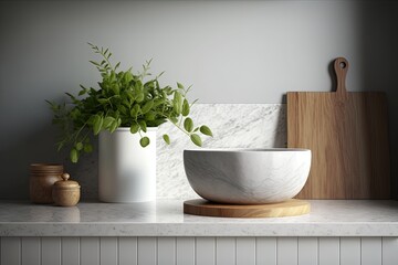 Fototapeta na wymiar White marble sink on gray countertop in white kitchen with white walls. Wooden chopping block with a round edge and a tiny plant in a pot. Generative AI