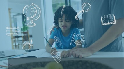 Animation of school icons over mid section of father helping his biracial son with homework at home