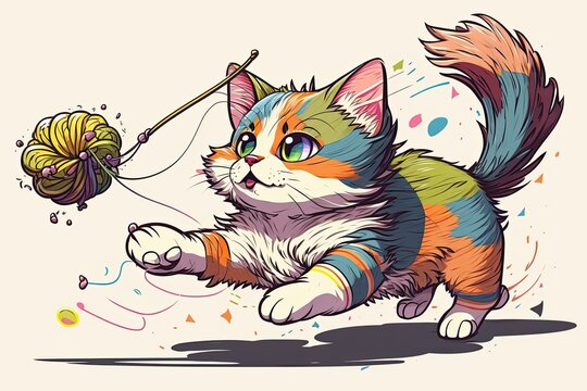 Adorable short haired cat batting around a feather toy. Generative AI