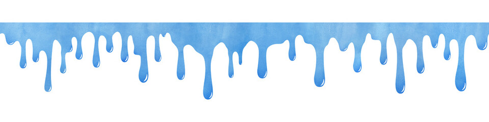 Dripping blue watercolor liquid paint. Horizontal seamless border. Transparent png