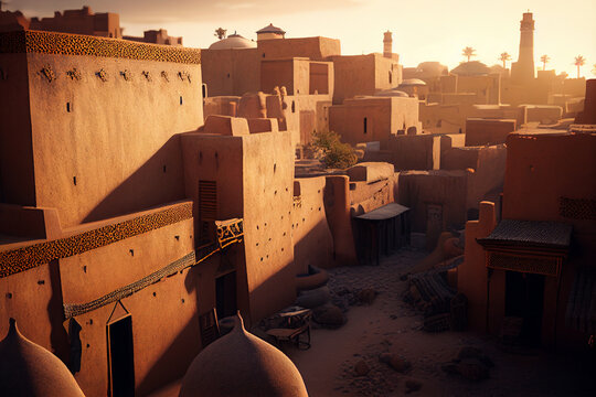 Sunset in the town Timbuktu Mali, travel summer holiday vacation idea concept, image ai generate
