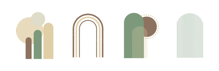 Set of boho style geometric, minimalistic design elements. Abstract shapes with texture. Modern aesthetic. Green organic wall decor, cover, print, card, branding designs.
