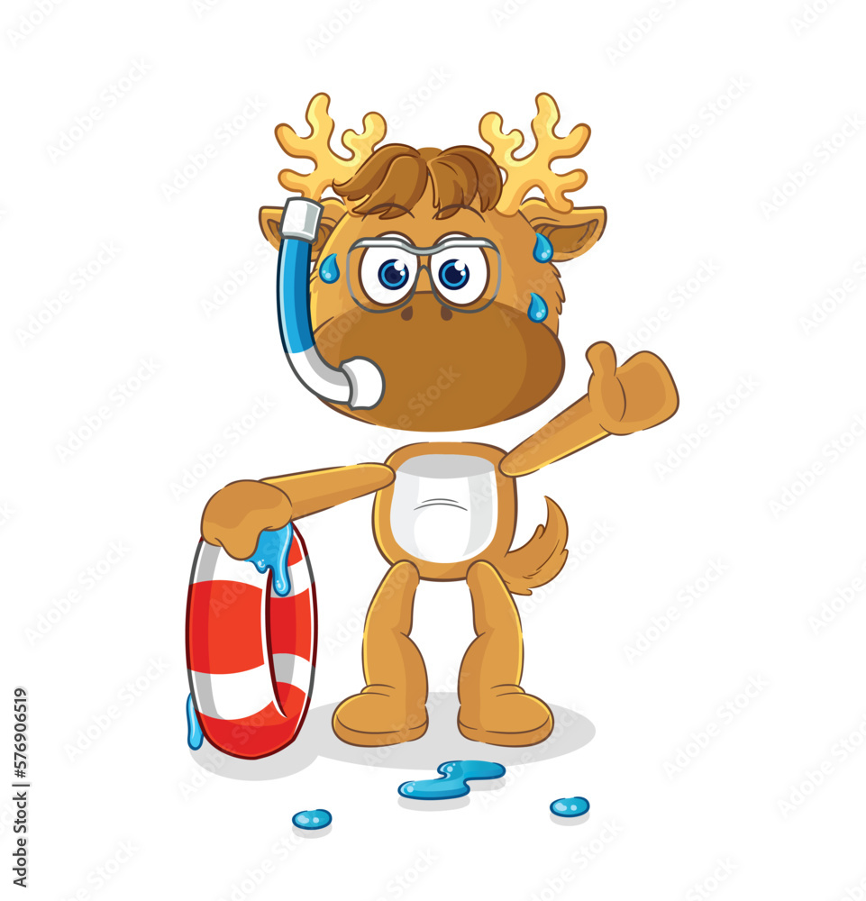 Sticker moose swimmer with buoy mascot. cartoon vector