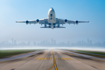 Fototapeta na wymiar Airplane business or cargo transportation taking off from runway airport to destination with building city scape background.