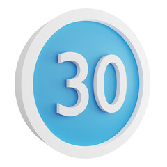 3D render 30 minimum speed limit sign icon isolated on transparent background, blue informative sign