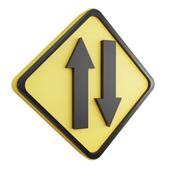3D render two way traffic sign icon isolated on transparent background, yellow cautionary sign