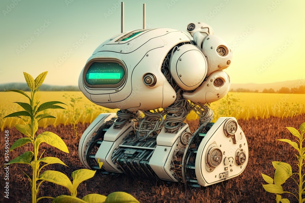 Poster concept robot that uses artificial intelligence and sophisticated sensors to automate weeding, harve