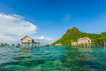 Beautiful landscapes view borneo sea gypsy water village in Bodgaya Mabul Island, Semporna Sabah, Malaysia.