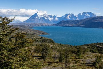 Naklejka na ściany i meble Lake Toro and snowy mountains of Torres del Paine National Park in Chile, Patagonia, South America