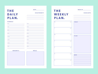 2 set of Daily, Weekly Planner template. Minimalist planner template set. Vector illustration.