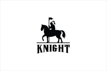 Vector silhouette of a medieval knight on horse carrying a flag on isolated white background.