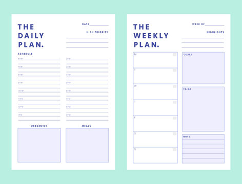 2 set of Daily, Weekly Planner template. Minimalist planner template set. Vector illustration.