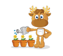 moose watering the flowers mascot. cartoon vector