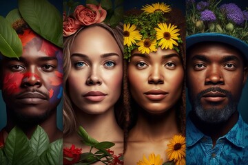 portraits of 4 faces of different races, concept of racial diversity, earth day, april 22nd