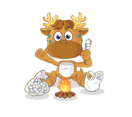 moose roasting marshmallows. cartoon mascot vector