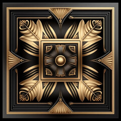 Square Art Deco Gold Design on Black Background.